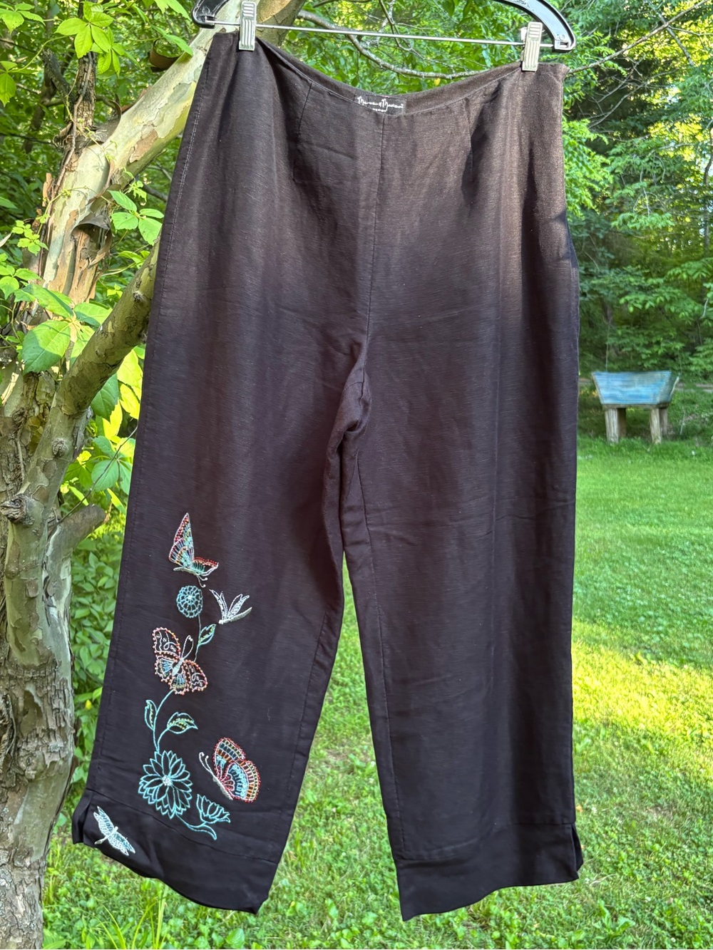 Embroidered & Beaded Linen Blend Crop Pants